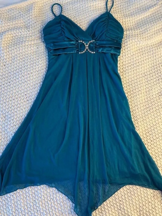 Dresses & Skirts - Teal Spaghetti-Strap Evening Dress with Embellished Waist